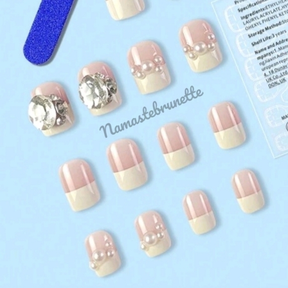 Rhinestone & Pearls French Manicure Press On Nails - Picture 1 of 8